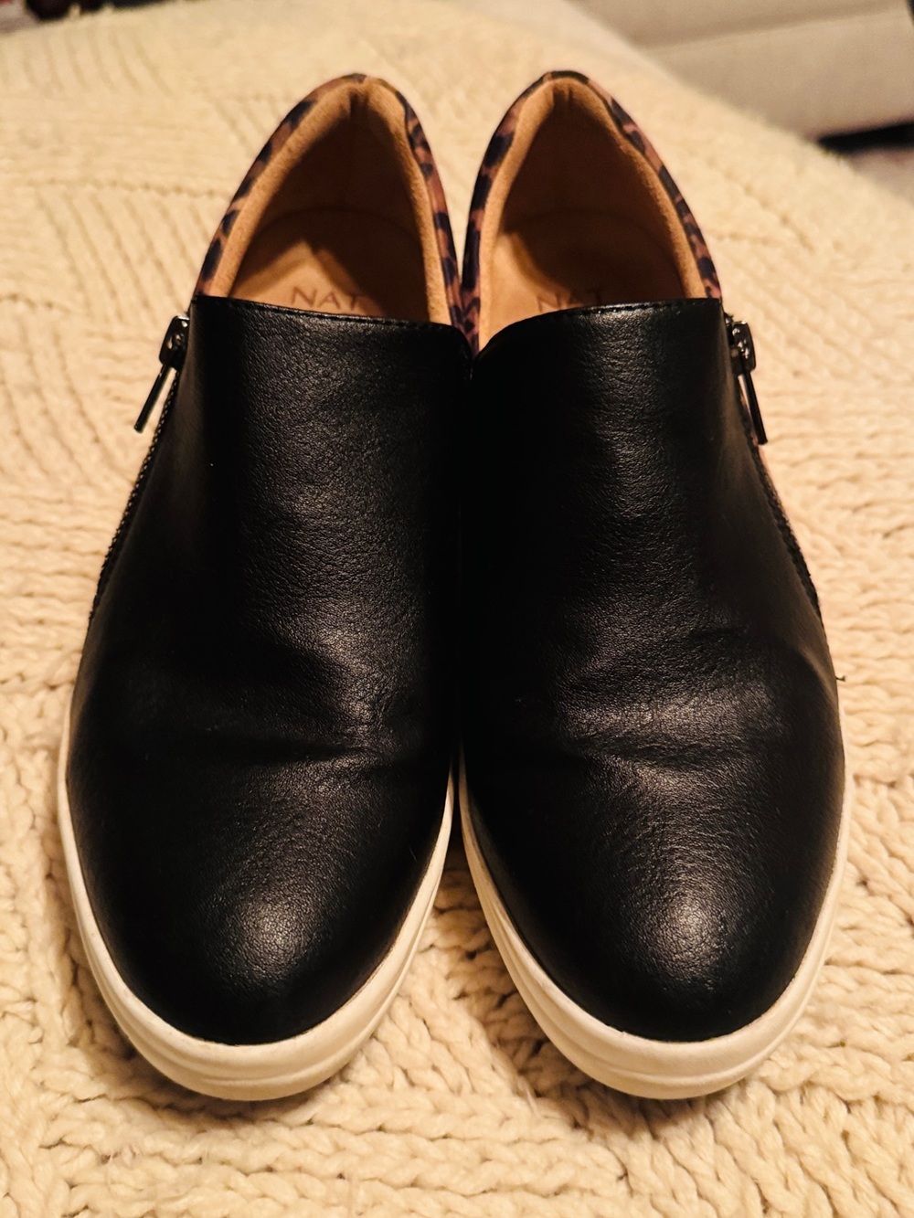 Naturalizer Black Leather Wedge Slip-Ons with White Sole and Leopard Trim